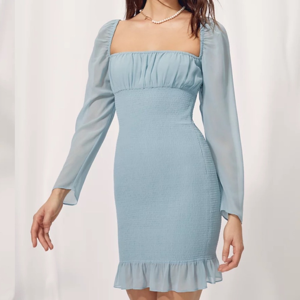 Aritzia Light Blue Long Sleeve Square Neck Ruffled Hem Dress NWOT